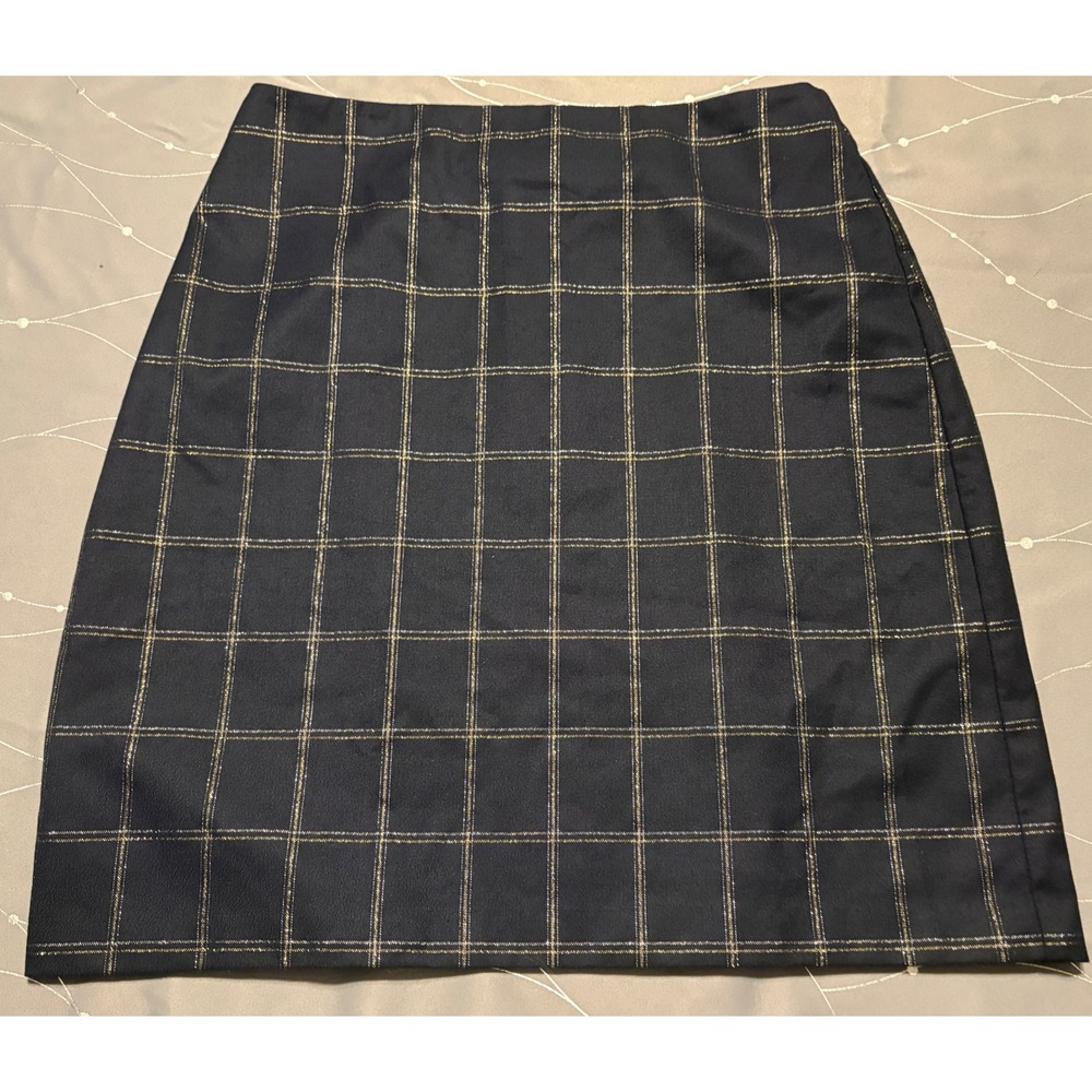 Banana Republic Navy Blue Gold Metallic Windowpane Plaid Pencil Skirt Size 4